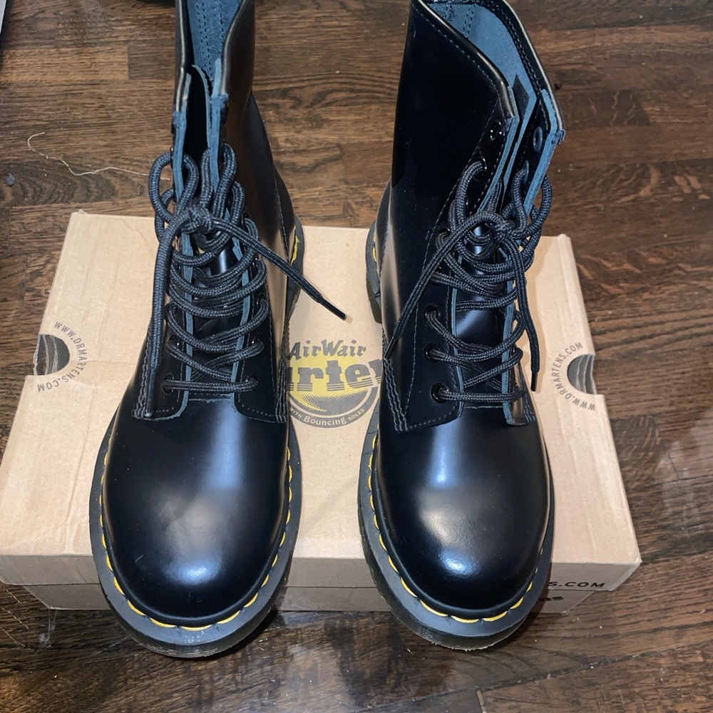 Dr. Martens Black Lace-Up Boots with Yellow Stitching